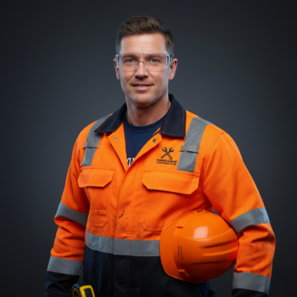 Porträt eines Bauleiters in orangefarbener Schutzkleidung mit reflektierenden Streifen. Er trägt eine Schutzbrille, hält einen orangefarbenen Helm in der Hand und blickt selbstbewusst in die Kamera. Der Hintergrund ist dunkelgrau und neutral.