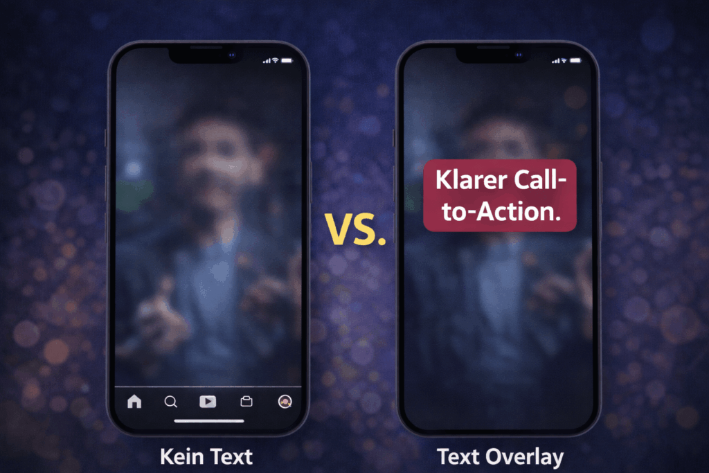 Vergleich von zwei Instagram Reels auf einem iPhone, links ohne Textoverlay und rechts mit Textoverlay, der zeigt, warum Reels mit Text besser performen.