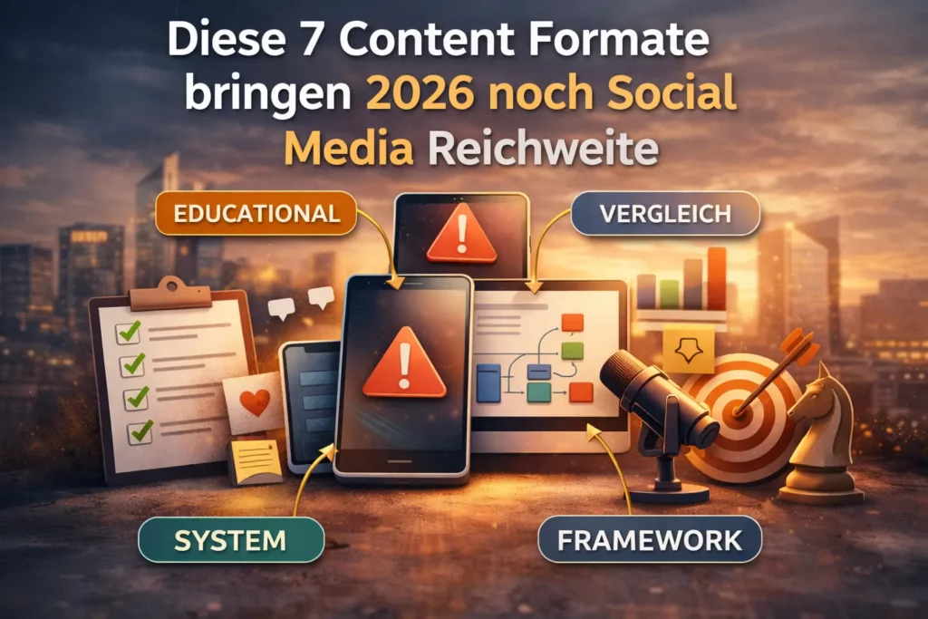 Illustration mit Smartphone und grafischen Elementen, die verschiedene Content Formate 2026 wie Educational, Vergleich und System Content im Kontext von Social Media Reichweite darstellen